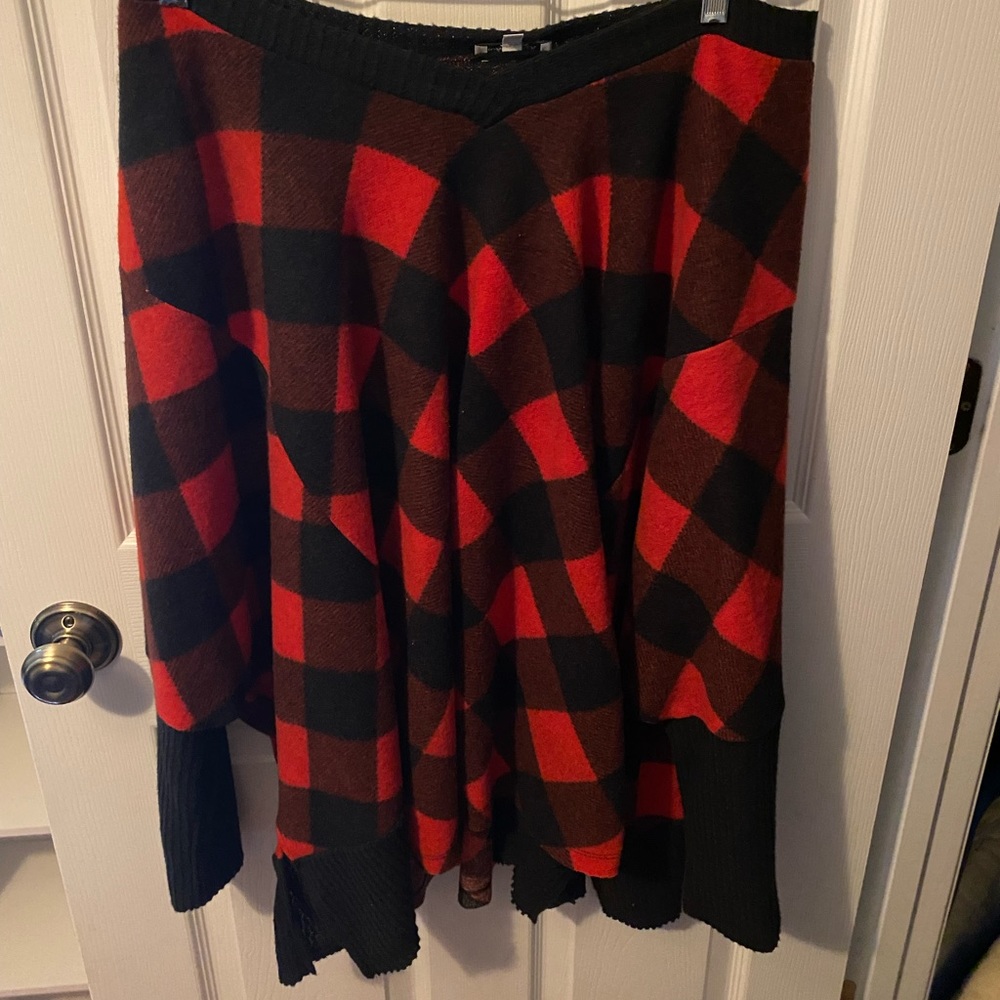 white birch Red and Black Buffalo Plaid Knit Off-Shoulder Sweatshirt